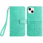 For iPhone 14 Plus Rhombic Texture Leather Phone Case with Lanyard(Green) - 1