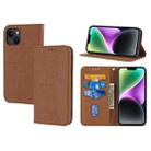 For iPhone 15 Plus Woven Texture Stitching Magnetic Leather Phone Case(Brown) - 1