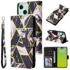 For iPhone 15 Plus Marble Bronzing Stitching Leather Phone Case(Black) - 1