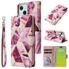 For iPhone 15 Marble Bronzing Stitching Leather Phone Case(Purple) - 1