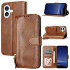 For iPhone 16 Oil Skin Zipper Wallet Leather Phone Case(Brown) - 1
