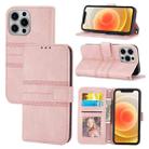 For iPhone 15 Pro Max Embossed Stripes Skin Feel Leather Phone Case(Pink) - 1