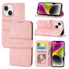 For iPhone 15 Plus Embossed Stripes Skin Feel Leather Phone Case(Pink) - 1