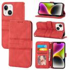 For iPhone 15 Plus Embossed Stripes Skin Feel Leather Phone Case(Red) - 1