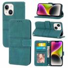 For iPhone 15 Plus Embossed Stripes Skin Feel Leather Phone Case(Dark Green) - 1