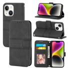 For iPhone 15 Plus Embossed Stripes Skin Feel Leather Phone Case(Black) - 1