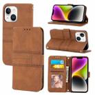 For iPhone 15 Embossed Stripes Skin Feel Leather Phone Case(Brown) - 1