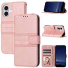 For iPhone 16 Embossed Stripes Skin Feel Leather Phone Case(Pink) - 1