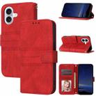 For iPhone 16 Embossed Stripes Skin Feel Leather Phone Case(Red) - 1