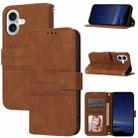 For iPhone 16 Embossed Stripes Skin Feel Leather Phone Case(Brown) - 1