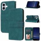 For iPhone 16 Embossed Stripes Skin Feel Leather Phone Case(Dark Green) - 1