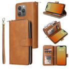 For iPhone 15 Pro Max 9 Card Slots Zipper Wallet Bag Leather Phone Case(Brown) - 1