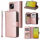 For iPhone 15 Plus 9 Card Slots Zipper Wallet Bag Leather Phone Case(Rose Gold) - 1