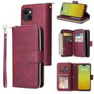 For iPhone 15 9 Card Slots Zipper Wallet Bag Leather Phone Case(Wine Red) - 1