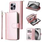 For iPhone 16 Pro Max 9 Card Slots Zipper Wallet Bag Leather Phone Case(Rose Gold) - 1