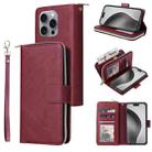 For iPhone 16 Pro Max 9 Card Slots Zipper Wallet Bag Leather Phone Case(Wine Red) - 1