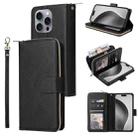 For iPhone 16 Pro Max 9 Card Slots Zipper Wallet Bag Leather Phone Case(Black) - 1