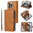 For iPhone 16 Pro Max 9 Card Slots Zipper Wallet Bag Leather Phone Case(Brown) - 1