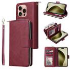 For iPhone 16 Pro 9 Card Slots Zipper Wallet Bag Leather Phone Case(Wine Red) - 1