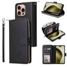 For iPhone 16 Pro 9 Card Slots Zipper Wallet Bag Leather Phone Case(Black) - 1