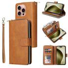 For iPhone 16 Pro 9 Card Slots Zipper Wallet Bag Leather Phone Case(Brown) - 1