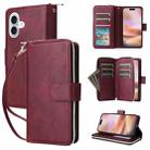 For iPhone 16 Plus 9 Card Slots Zipper Wallet Bag Leather Phone Case(Wine Red) - 1