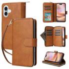 For iPhone 16 Plus 9 Card Slots Zipper Wallet Bag Leather Phone Case(Brown) - 1