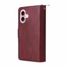 For iPhone 16 9 Card Slots Zipper Wallet Bag Leather Phone Case(Wine Red) - 3