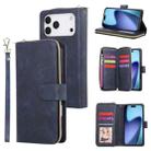 For iPhone 17 Pro Max 9 Card Slots Zipper Wallet Bag Leather Phone Case(Blue) - 1