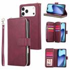 For iPhone 17 Pro Max 9 Card Slots Zipper Wallet Bag Leather Phone Case(Wine Red) - 1
