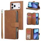 For iPhone 17 Pro Max 9 Card Slots Zipper Wallet Bag Leather Phone Case(Brown) - 1