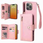 For iPhone 15 Pro Max Rivet Buckle 9 Cards Three Fold Leather Phone Case(Rose Gold) - 1