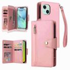 For iPhone 15 Plus Rivet Buckle 9 Cards Three Fold Leather Phone Case(Rose Gold) - 1