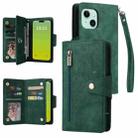 For iPhone 15 Plus Rivet Buckle 9 Cards Three Fold Leather Phone Case(Green) - 1