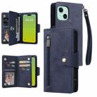 For iPhone 15 Rivet Buckle 9 Cards Three Fold Leather Phone Case(Blue) - 1