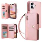 For iPhone 16 Rivet Buckle 9 Cards Three Fold Leather Phone Case(Rose Gold) - 1