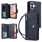 For iPhone 16 Rivet Buckle 9 Cards Three Fold Leather Phone Case(Blue) - 1