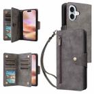 For iPhone 16 Rivet Buckle 9 Cards Three Fold Leather Phone Case(Grey) - 1