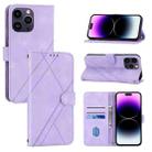 For iPhone 15 Pro Embossed Line Leather Phone Case with Lanyard(Purple) - 1