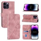 For iPhone 15 Pro Embossed Line Leather Phone Case with Lanyard(Pink) - 1