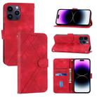 For iPhone 15 Pro Embossed Line Leather Phone Case with Lanyard(Red) - 1