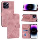 For iPhone 16 Pro Embossed Line Leather Phone Case with Lanyard(Pink) - 1