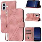 For iPhone 16 Embossed Line Leather Phone Case with Lanyard(Pink) - 1