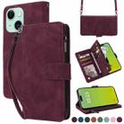 For iPhone 15 Crossbody Multi-card Slot Wallet Zipper Leather Phone Case(Wine Red) - 1