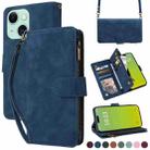 For iPhone 15 Crossbody Multi-card Slot Wallet Zipper Leather Phone Case(Dark Blue) - 1