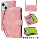 For iPhone 15 Crossbody Multi-card Slot Wallet Zipper Leather Phone Case(Pink) - 1