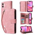 For iPhone 16 Crossbody Multi-card Slot Wallet Zipper Leather Phone Case(Pink) - 1