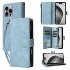 For iPhone 16 Pro Max Crossbody Multi-card Slot Wallet Zipper Leather Phone Case(Light Blue) - 1