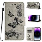 For iPhone 15 Butterfly Embossed Flip Leather Phone Case(Grey) - 1