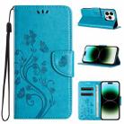 For iPhone 15 Pro Butterfly Flower Pattern Flip Leather Phone Case(Blue) - 1